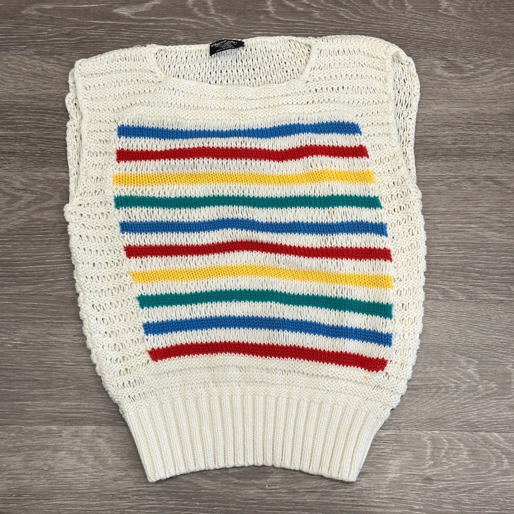 VTG 80s Pierre Cardin Rainbow Striped Knit Sweater Vest Cream Mod Retro Pride XS